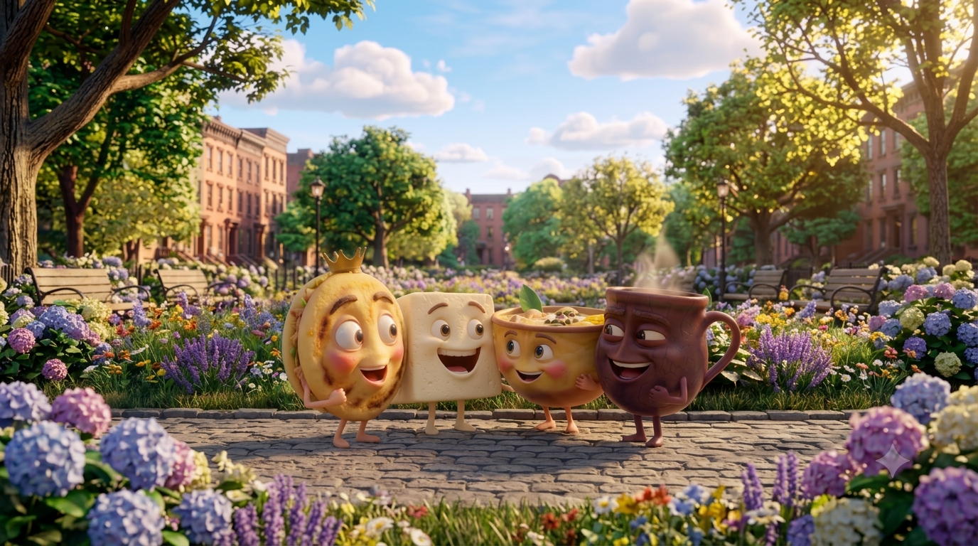 Cuatro personajes animados de comidas —una arepa con corona, un queso, una sopa y una taza de chocolate— juntos en un parque lleno de flores