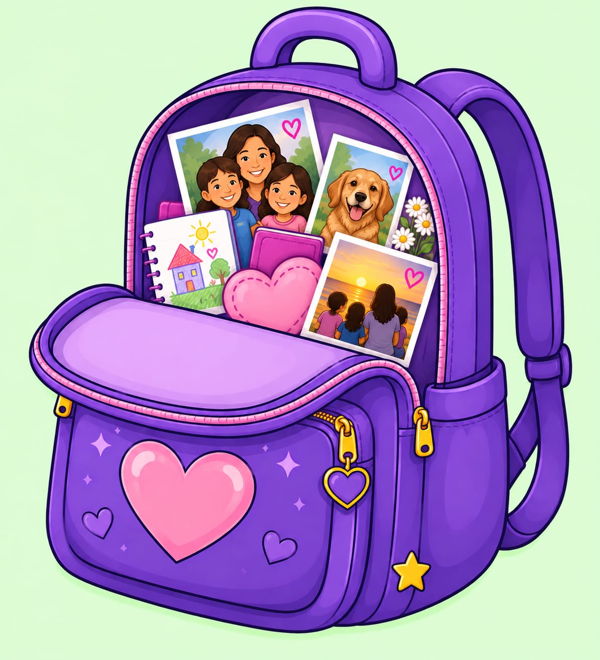 Un morral morado abierto con fotografías de familia, un cuaderno con dibujos y un corazón rosa